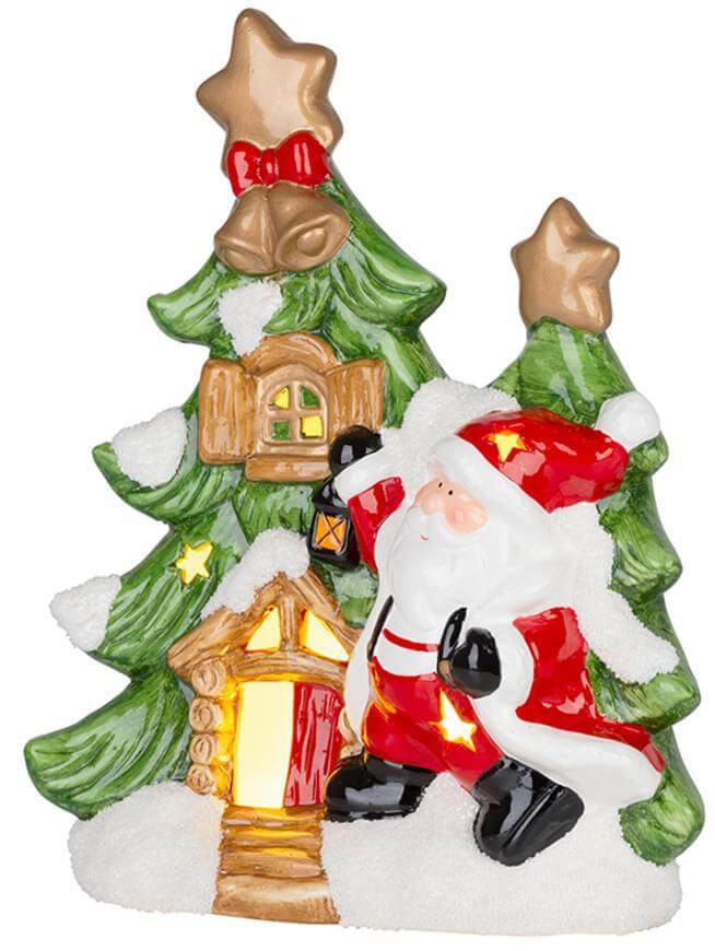 vianočný stromček so santom LED podsvietený počet LED 1 farba biela teplá na 2 AAA batérie z terakoty s rozmermy 27,3x11x34 cm a váhou 2kg